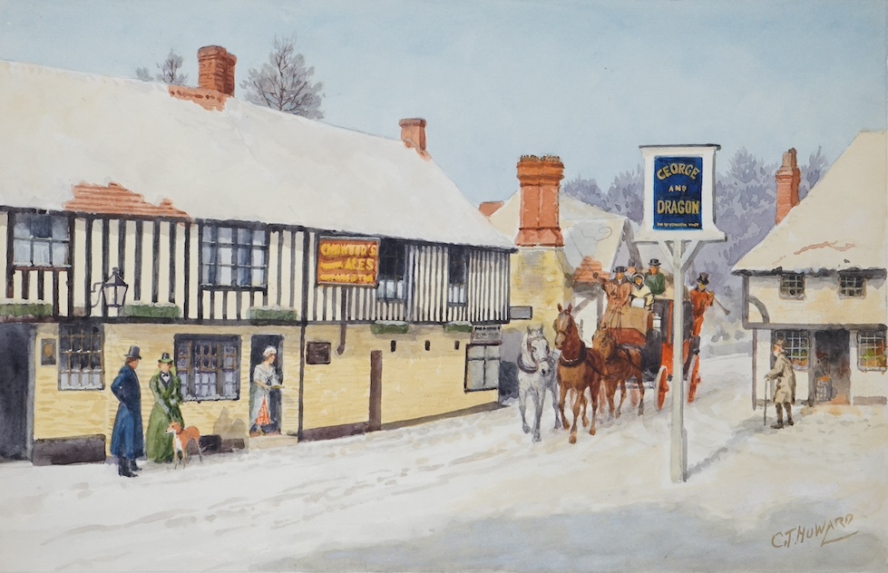 Charles Thomas Howard (1865-1942), a set of four original watercolours for Christmas card designs, Old English coaching inns comprising; ‘The George and Dragon, Kent’, ‘The White Swan, Gloucestershire’, ‘The Castle Inn,